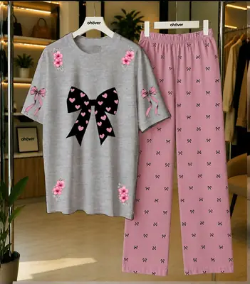 2 Pcs Women's Stitched Cotton Jersey Printed Night Suit thumbnail 4