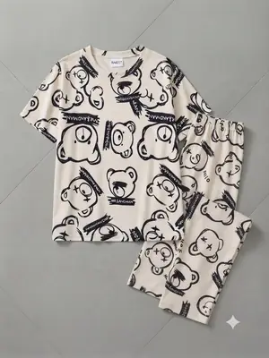 2 Pcs Women's Stitched Cotton Jersey Printed Night Suit thumbnail 3