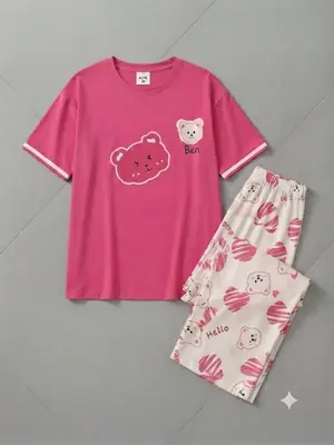 2 Pcs Women's Stitched Cotton Jersey Printed Night Suit thumbnail 3