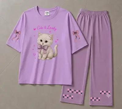 2 Pcs Women's Stitched Cotton Jersey Printed Night Suit thumbnail 3