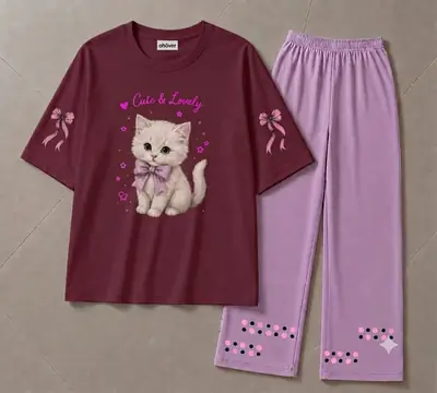 2 Pcs Women's Stitched Cotton Jersey Printed Night Suit thumbnail 3