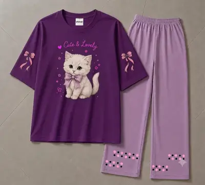 2 Pcs Women's Stitched Cotton Jersey Printed Night Suit thumbnail 3