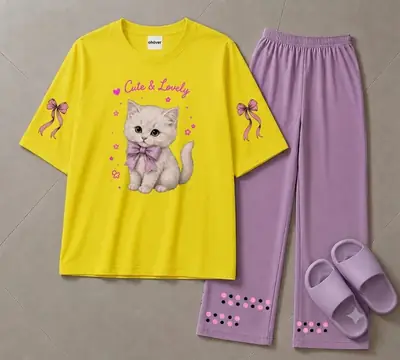 2 Pcs Women's Stitched Cotton Jersey Printed Night Suit thumbnail 3