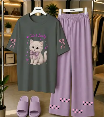2 Pcs Women's Stitched Cotton Jersey Printed Night Suit thumbnail 4