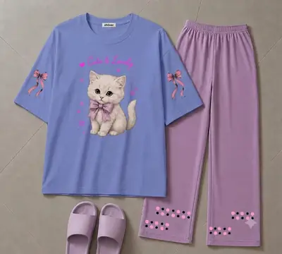 2 Pcs Women's Stitched Cotton Jersey Printed Night Suit thumbnail 3