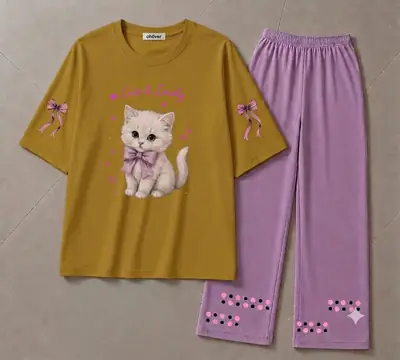 2 Pcs Women's Stitched Cotton Jersey Printed Night Suit thumbnail 3