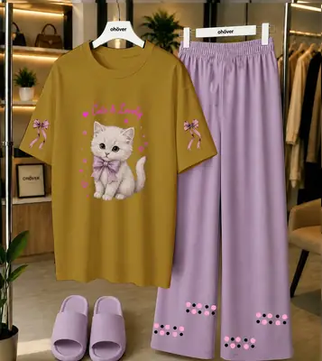 2 Pcs Women's Stitched Cotton Jersey Printed Night Suit thumbnail 4