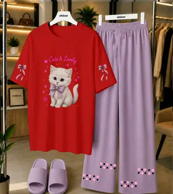 2 Pcs Women's Stitched Cotton Jersey Printed Night Suit thumbnail 4