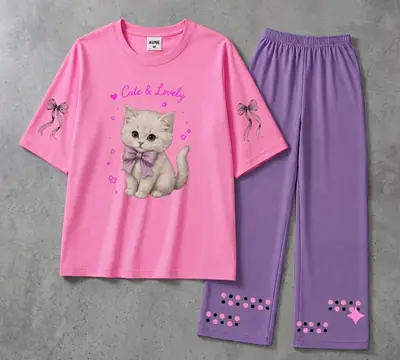 2 Pcs Women's Stitched Cotton Jersey Printed Night Suit thumbnail 3