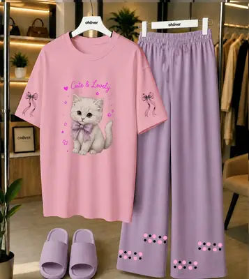 2 Pcs Women's Stitched Cotton Jersey Printed Night Suit thumbnail 4