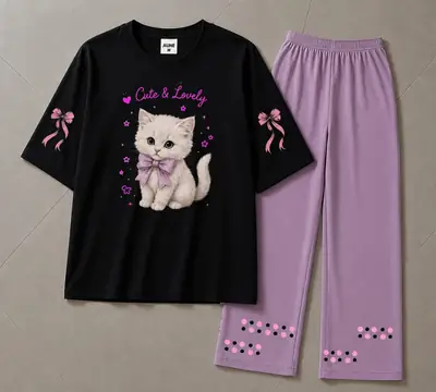 2 Pcs Women's Stitched Cotton Jersey Printed Night Suit thumbnail 3