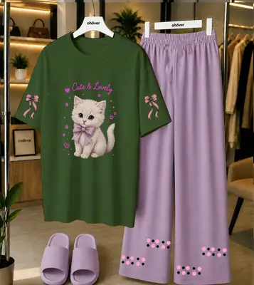 2 Pcs Women's Stitched Cotton Jersey Printed Night Suit thumbnail 4