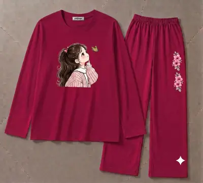 2 Pcs Women's Stitched Cotton Jersey Printed Night Suit thumbnail 2