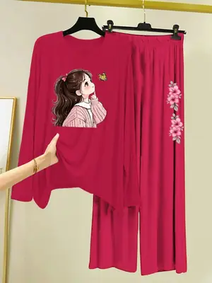 2 Pcs Women's Stitched Cotton Jersey Printed Night Suit thumbnail 3
