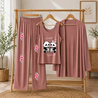 3 Pcs Women's Stitched Jersey Printed Night Suit