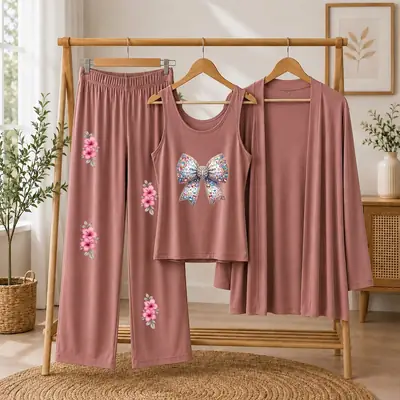 3 Pcs Women's Stitched Jersey Printed Night Suit