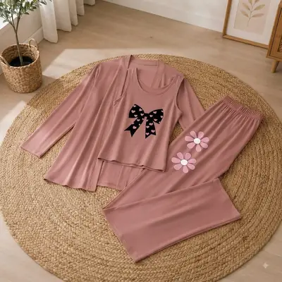 3 Pcs Women's Stitched Jersey Printed Night Suit thumbnail 2