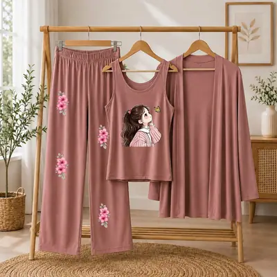 3 Pcs Women's Stitched Jersey Printed Night Suit