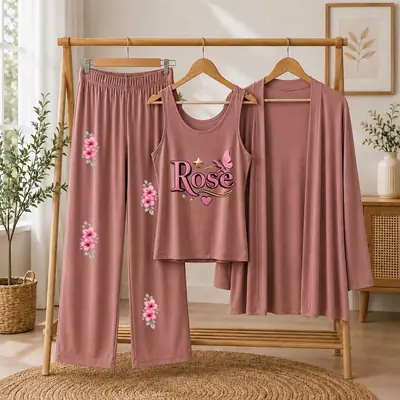 3 Pcs Women's Stitched Jersey Printed Night Suit thumbnail 3