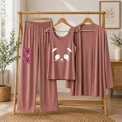 3 Pcs Women's Stitched Jersey Printed Night Suit