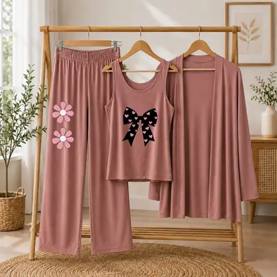 3 Pcs Women's Stitched Jersey Printed Night Suit thumbnail 3