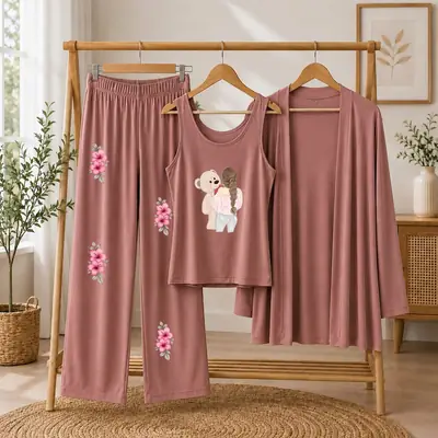 3 Pcs Women's Stitched Jersey Printed Night Suit