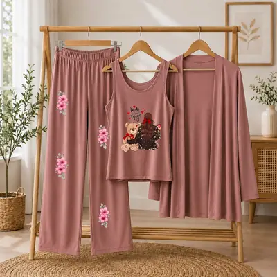 3 Pcs Women's Stitched Jersey Printed Night Suit