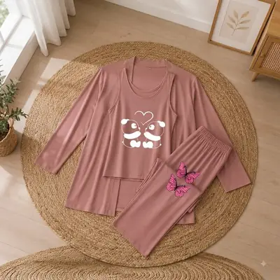 3 Pcs Women's Stitched Jersey Printed Night Suit thumbnail 2
