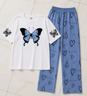 2 Pcs Women's Stitched Cotton Jersey Printed Night Suit thumbnail 2