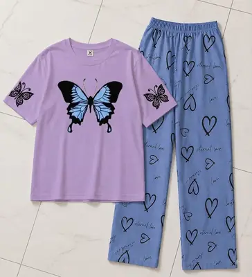 2 Pcs Women's Stitched Cotton Jersey Printed Night Suit thumbnail 2