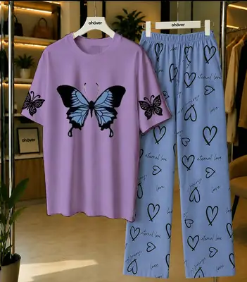 2 Pcs Women's Stitched Cotton Jersey Printed Night Suit thumbnail 4