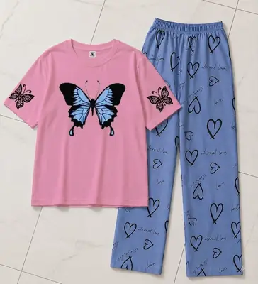 2 Pcs Women's Stitched Cotton Jersey Printed Night Suit thumbnail 2