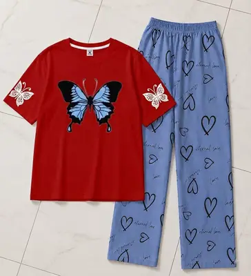 2 Pcs Women's Stitched Cotton Jersey Printed Night Suit thumbnail 2