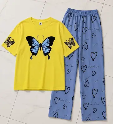 2 Pcs Women's Stitched Cotton Jersey Printed Night Suit thumbnail 2