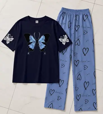 2 Pcs Women's Stitched Cotton Jersey Printed Night Suit thumbnail 2