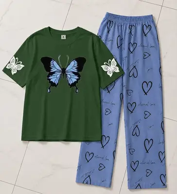 2 Pcs Women's Stitched Cotton Jersey Printed Night Suit thumbnail 2
