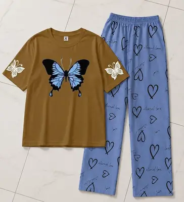 2 Pcs Women's Stitched Cotton Jersey Printed Night Suit thumbnail 2
