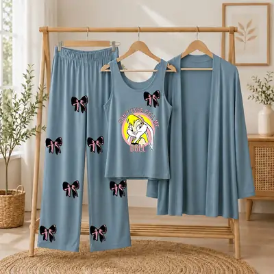 3 Pcs Women's Stitched Jersey Printed Night Suit thumbnail 3
