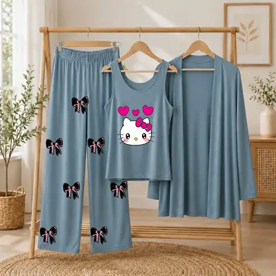 3 Pcs Women's Stitched Jersey Printed Night Suit