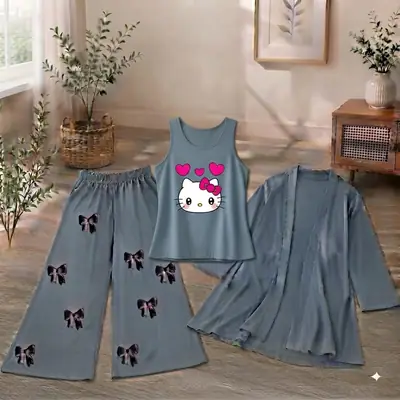3 Pcs Women's Stitched Jersey Printed Night Suit thumbnail 2