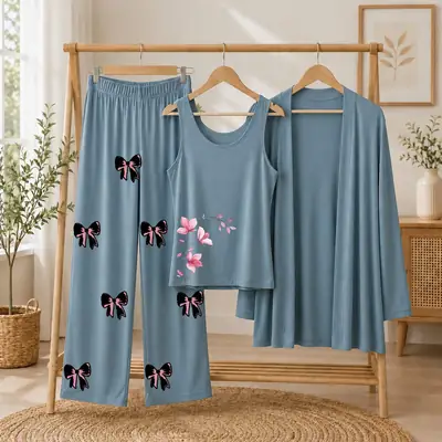 3 Pcs Women's Stitched Jersey Printed Night Suit