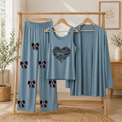 3 Pcs Women's Stitched Jersey Printed Night Suit