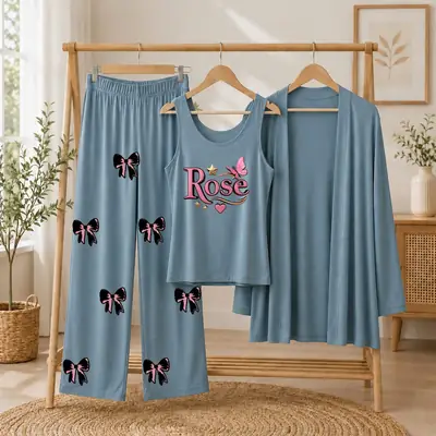 3 Pcs Women's Stitched Jersey Printed Night Suit