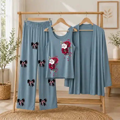 3 Pcs Women's Stitched Jersey Printed Night Suit thumbnail 3