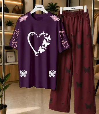 2 Pcs Women's Stitched Cotton Jersey Printed Night Suit thumbnail 4