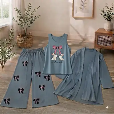 3 Pcs Women's Stitched Jersey Printed Night Suit thumbnail 2