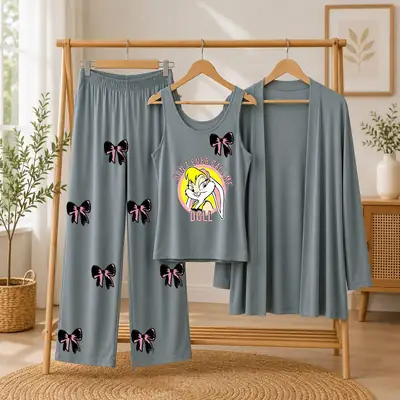 3 Pcs Women's Stitched Jersey Printed Night Suit