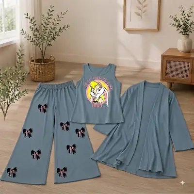 3 Pcs Women's Stitched Jersey Printed Night Suit thumbnail 2