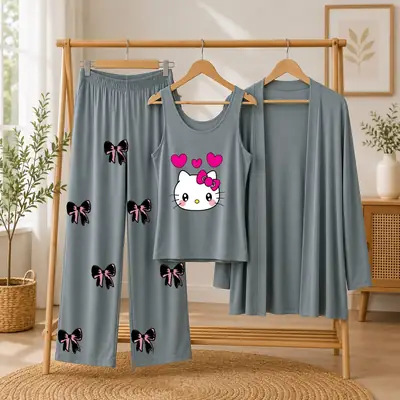 3 Pcs Women's Stitched Jersey Printed Night Suit