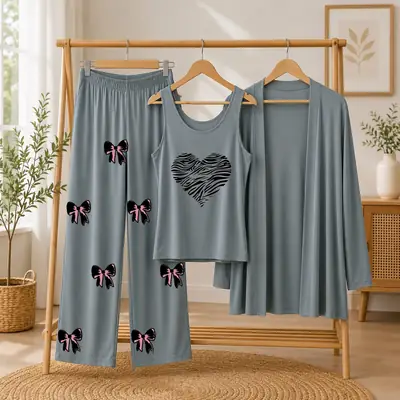 3 Pcs Women's Stitched Jersey Printed Night Suit thumbnail 3